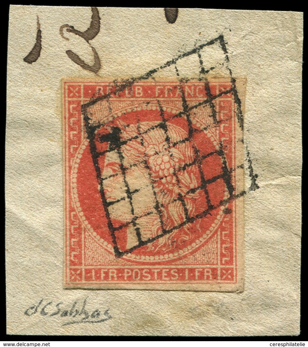 EMISSION DE 1849 7a    1f. VERMILLON VIF, Oblitéré GRILLE Sur Fragment, TTB - 1849-1850 Ceres