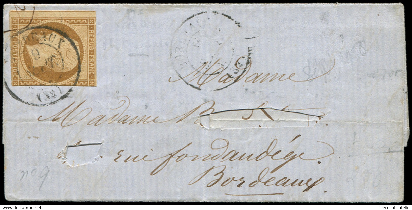 Let PRESIDENCE 9    10c. Bistre-jaune, Entamé, Obl. Càd T15 BORDEAUX 9/9/53 S. LAC, Elle Même Défect., Cette Oblitératio - 1852 Louis-Napoléon