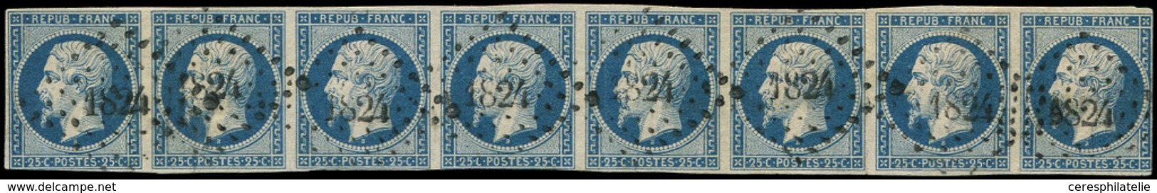 PRESIDENCE 10   25c. Bleu, BANDE De 8, Dernier Ex. Touché, 2 Autres à Peine Effl., Obl. PC 1824, RR Et TB - 1852 Louis-Napoléon