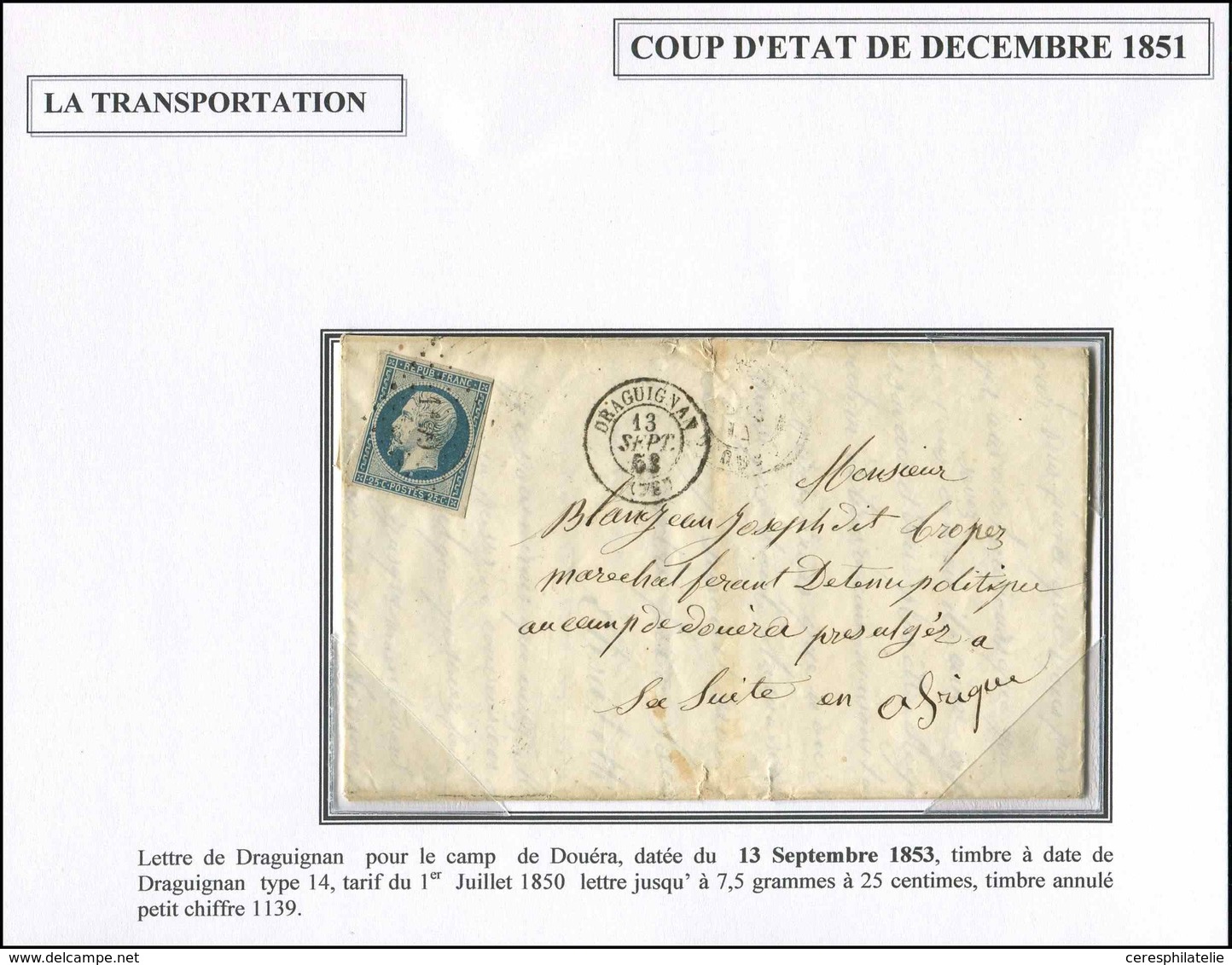 Let PRESIDENCE 10   25c. Bleu, Défx, Obl. PC 1139 Sur LAC, Càd DRAGUIGNAN 13/9/53 Pour Le Camp De DOUERA - 1852 Louis-Napoleon