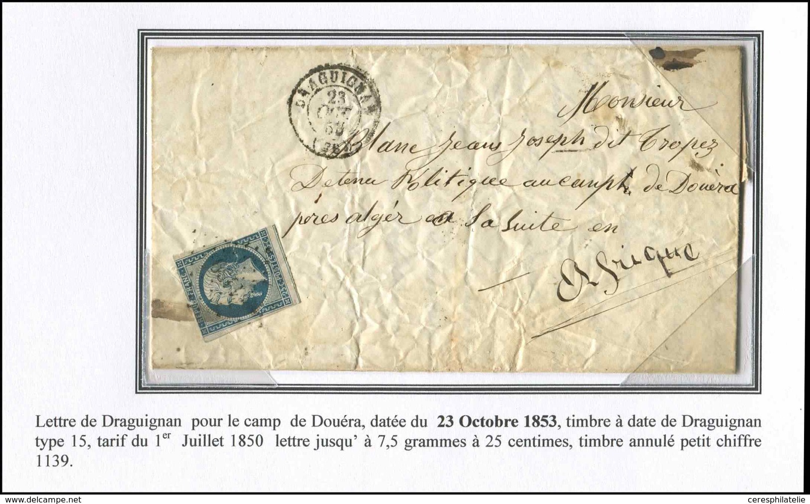 Let PRESIDENCE 10   25c. Bleu, Défx, Obl. PC 1139 S. LAC, Càd DRAGUIGNAN 23/10/53 Pour Le Camp De DOUERA - 1852 Louis-Napoléon