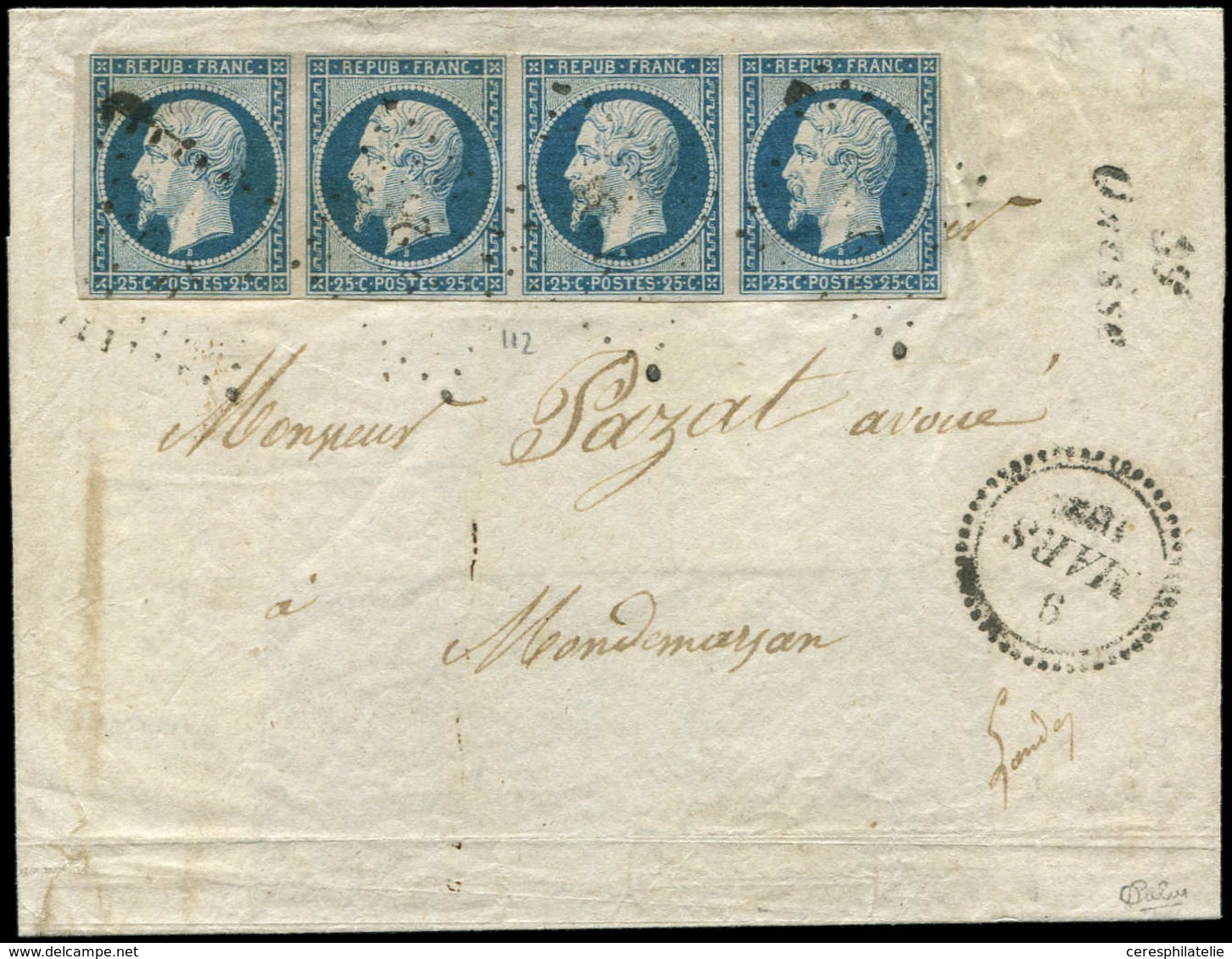 Let PRESIDENCE 10   25c. Bleu, BANDE De 4 Obl. PC 2326 S. LSC, Cursive 39/ONESSE, Dateur B 9 MARS 1852, Arr. MONT DE MAR - 1852 Louis-Napoleon