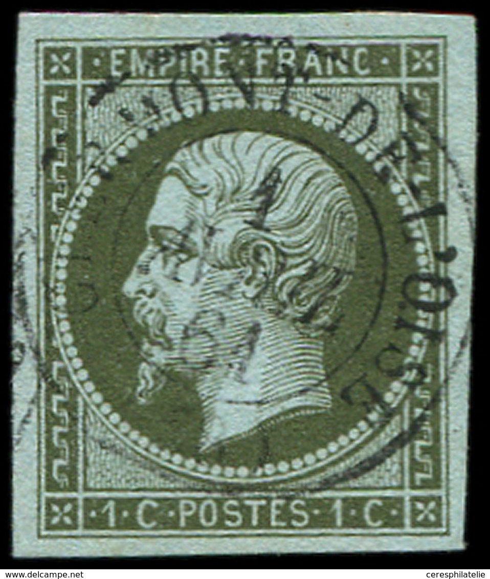 EMPIRE NON DENTELE 11    1c. Olive, Obl. Càd T15 CLERMONT De L'OISE 1/4/61, Frappe Superbe - 1853-1860 Napoleon III