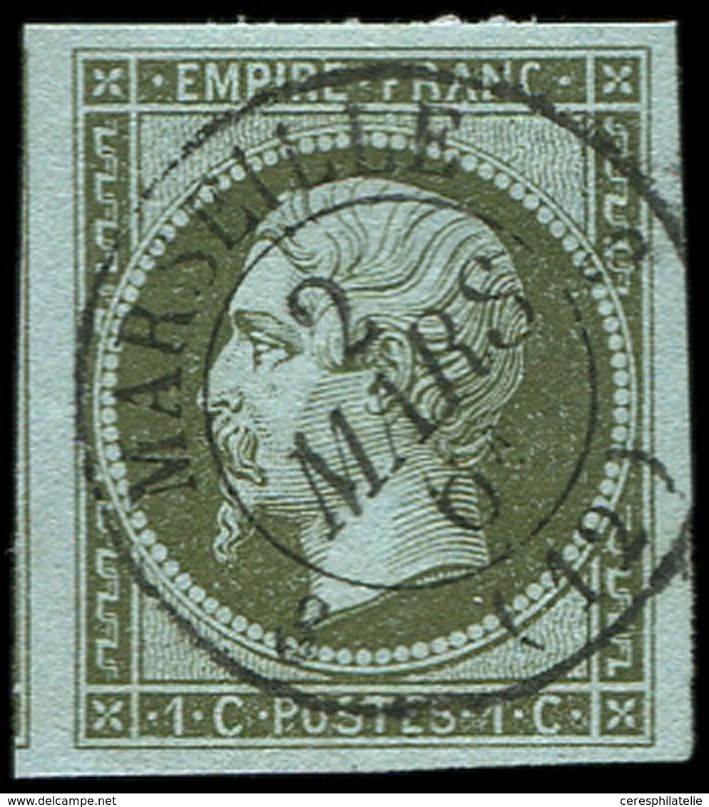EMPIRE NON DENTELE 11    1c. Olive, Filet De Voisin à Gauche, Obl. Càd T15 MARSEILLE 2/3/61, TTB/Superbe - 1853-1860 Napoleone III