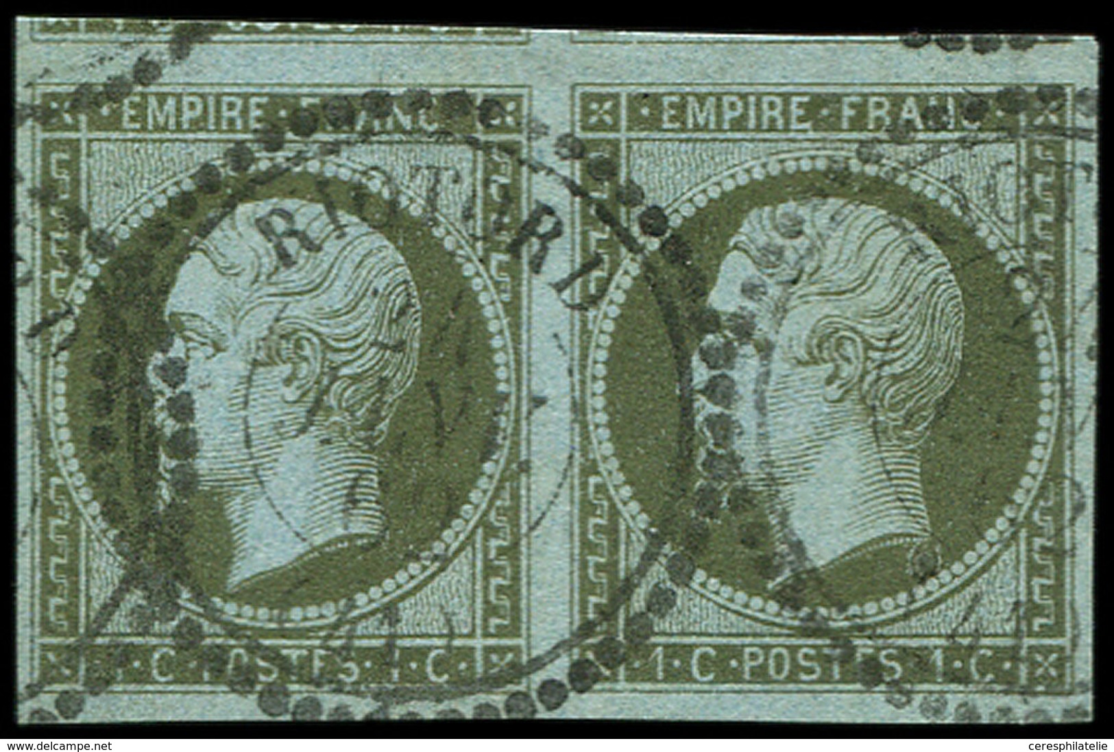 EMPIRE NON DENTELE 11    1c. Olive, PAIRE Obl. Càd T22 RIOTARD 24/1/62, Un Ex. Grain Dans Le Papier Et Infime Pelurage, - 1853-1860 Napoleon III