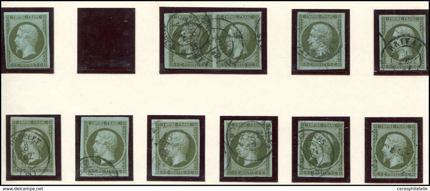 EMPIRE NON DENTELE 11    1c. Olive, Un Ex. *, 8 Ex. Et Une Paire Obl., TB - 1853-1860 Napoleone III