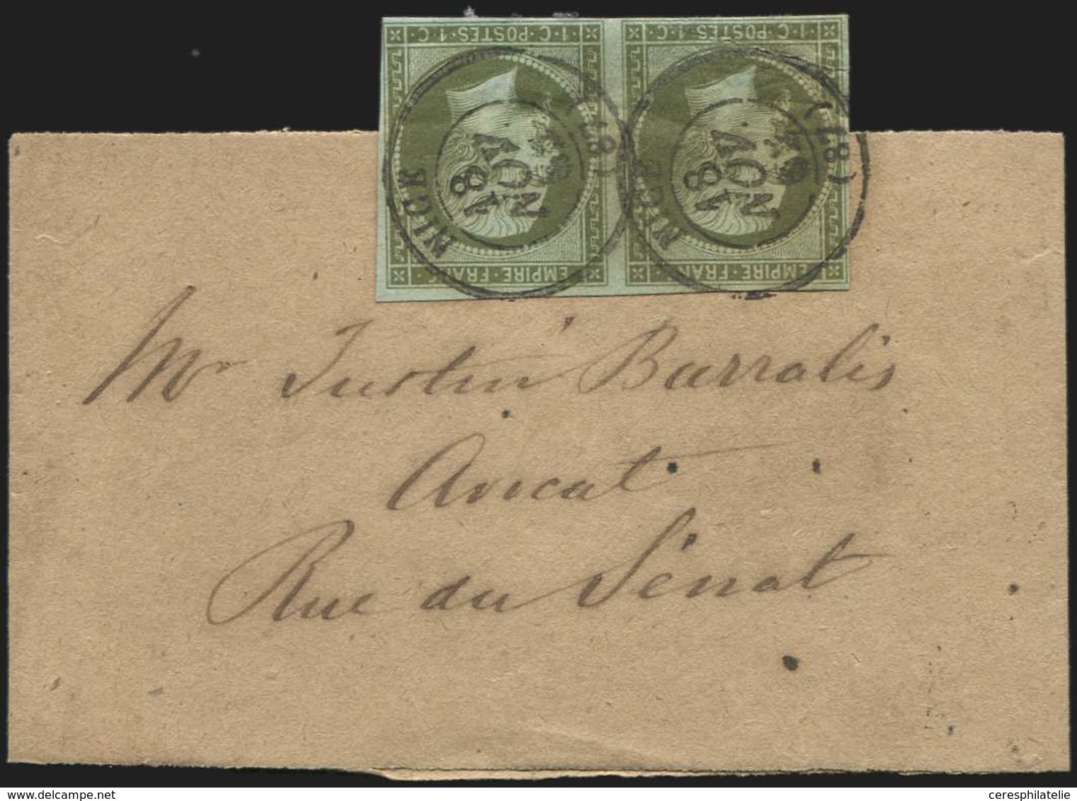 Let EMPIRE NON DENTELE 11    1c. Olive, PAIRE Obl. Càd T15 NICE 18/11/62 S. Bande, TTB - 1853-1860 Napoleone III