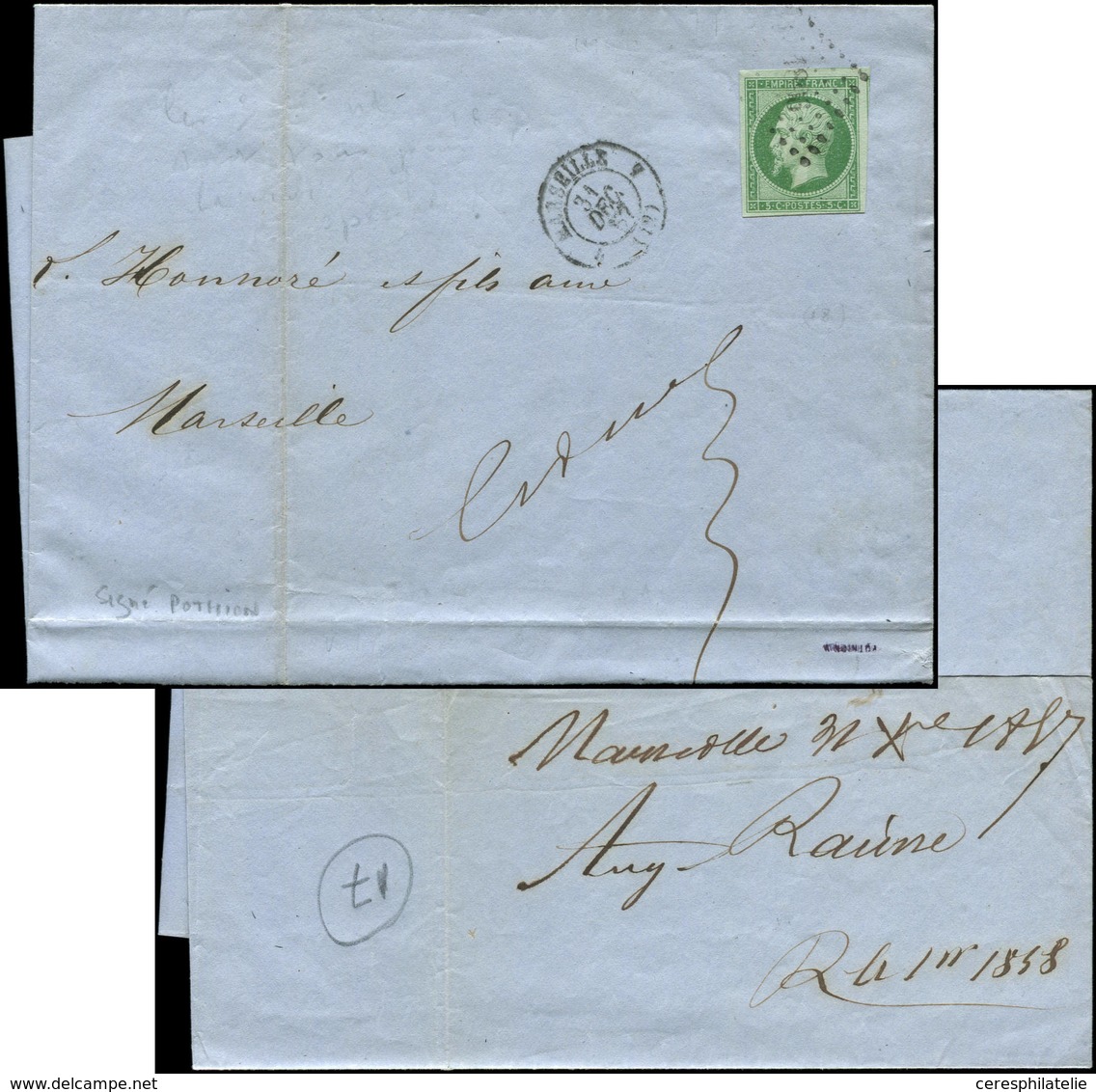 Let EMPIRE NON DENTELE 12    5c. Vert, Obl. PC 1896 S. LSC, Càd T15 MARSEILLE 31/12/57, TB - 1853-1860 Napoleon III