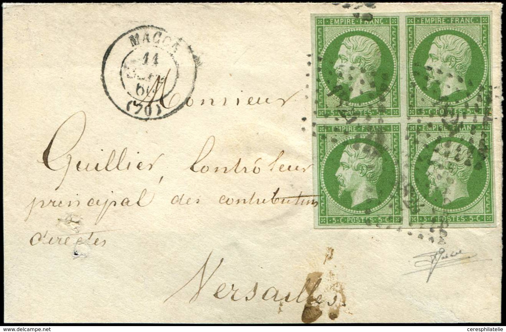 Let EMPIRE NON DENTELE 12    5c. Vert, BLOC De 4 Obl. PC 1824 S. Env., Verso Partiel, Càd T15 MACON 11/9/60, TTB - 1853-1860 Napoleon III