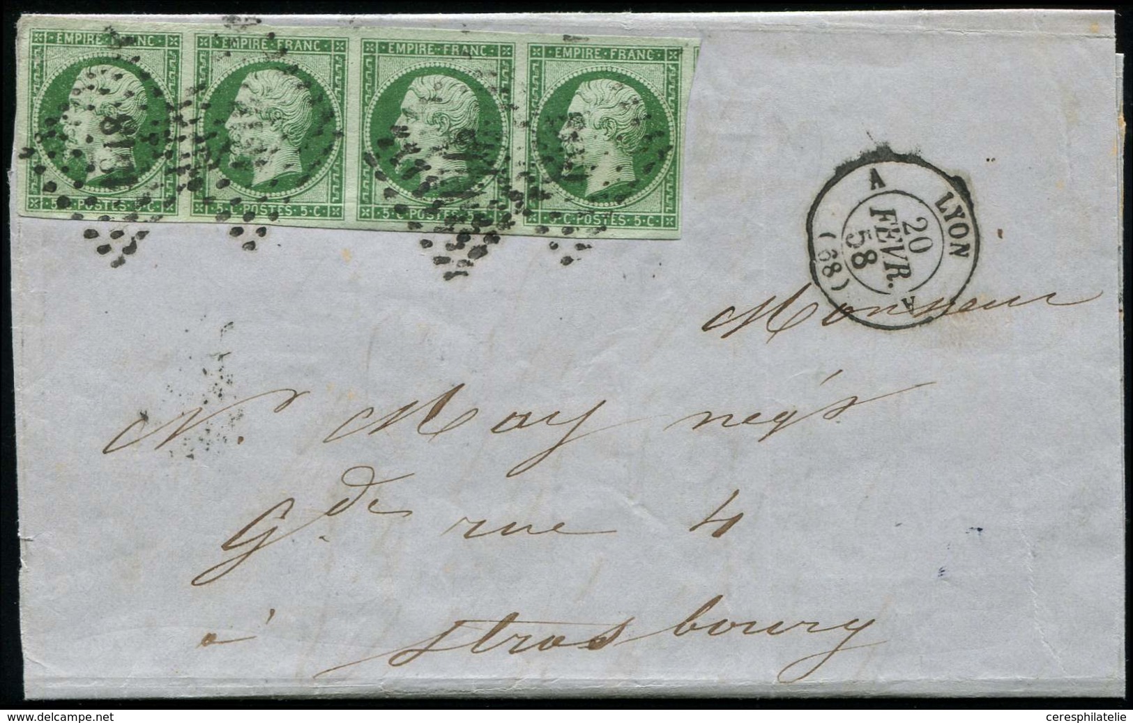 Let EMPIRE NON DENTELE 12b   5c. Vert FONCE, BANDE De 4 Obl. PC 1818 S. LAC, Càd LYON 20/2/58, Superbe Nuance, TTB - 1853-1860 Napoleon III