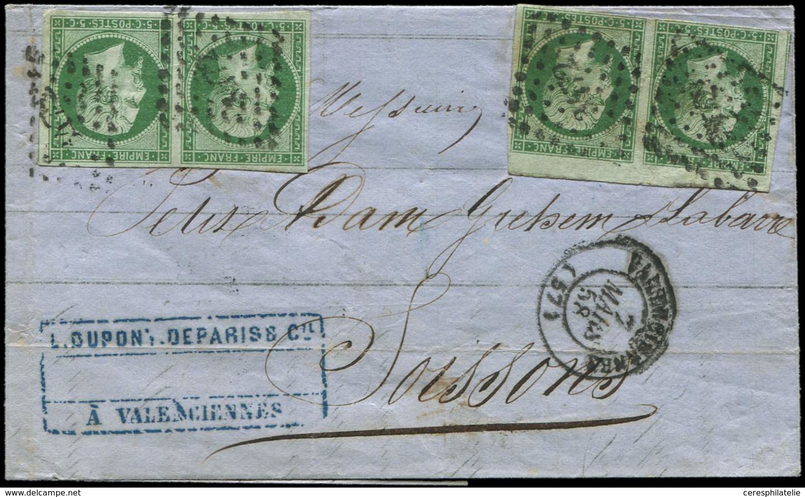 Let EMPIRE NON DENTELE 12b   5c. Vert FONCE, 2 PAIRES Obl. PC 3472 S. LAC, Càd T15 VALENCIENNES 7/3/58, TB - 1853-1860 Napoleone III