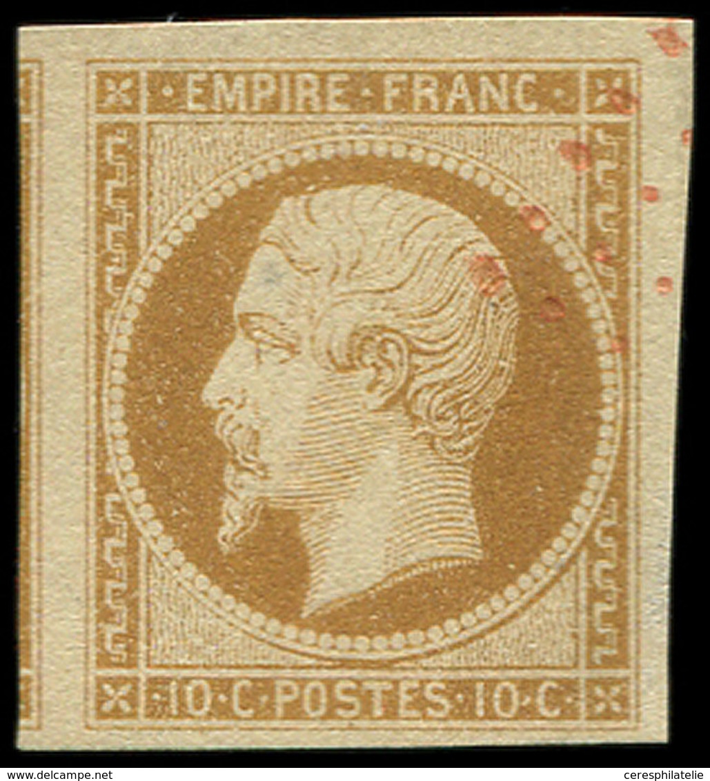 EMPIRE NON DENTELE 13A  10c. Bistre, T I, Obl. PC ROUGE, Effigie Dégagée Et Voisin à Gauche, Superbe - 1853-1860 Napoleon III