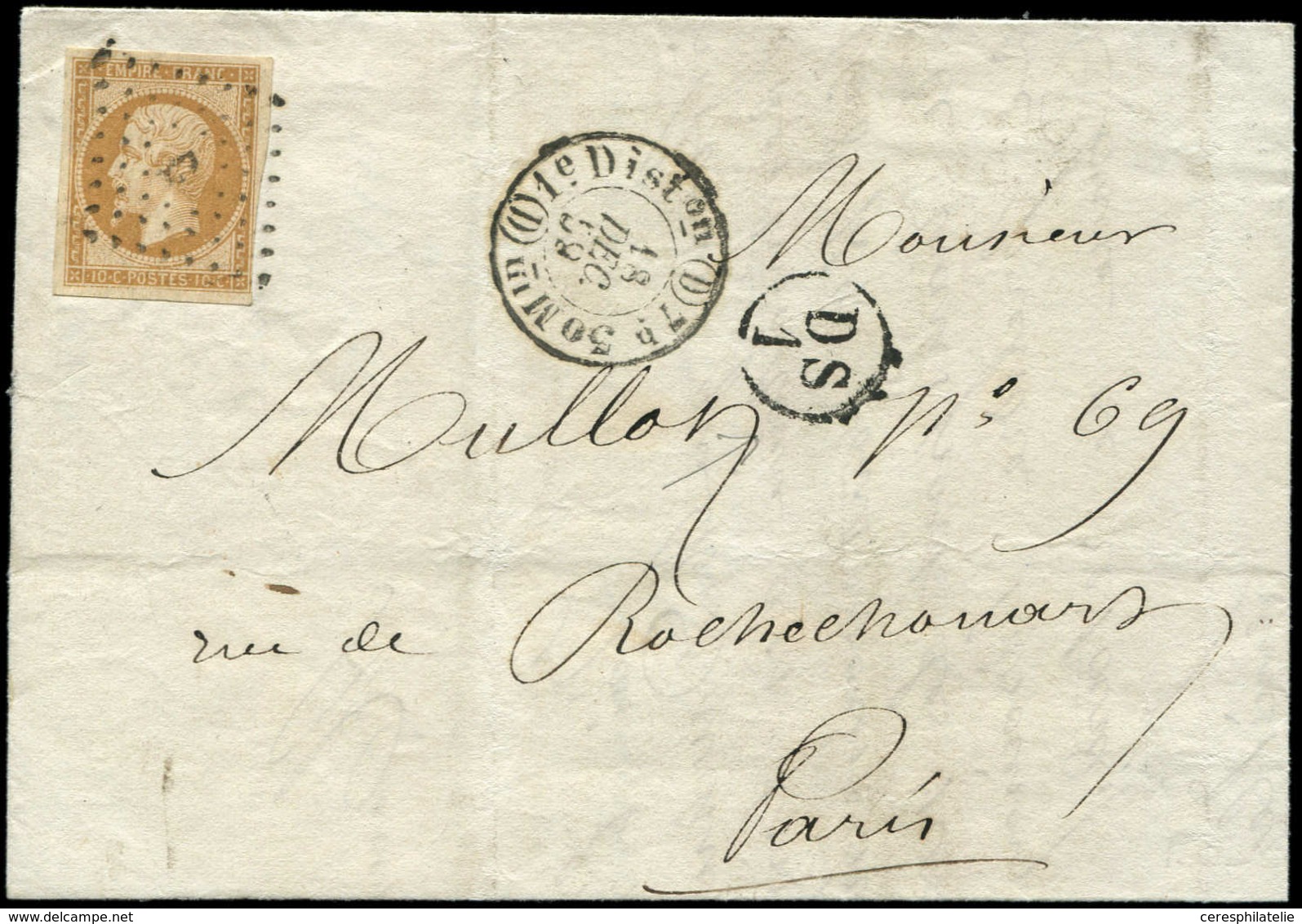 Let EMPIRE NON DENTELE 13A  10c. Bistre, T I, Obl. Los. D S. LAC, Càd 1e Diston 7h30Min (D) 18/12/59 Et Cachet Indicatif - 1853-1860 Napoléon III.