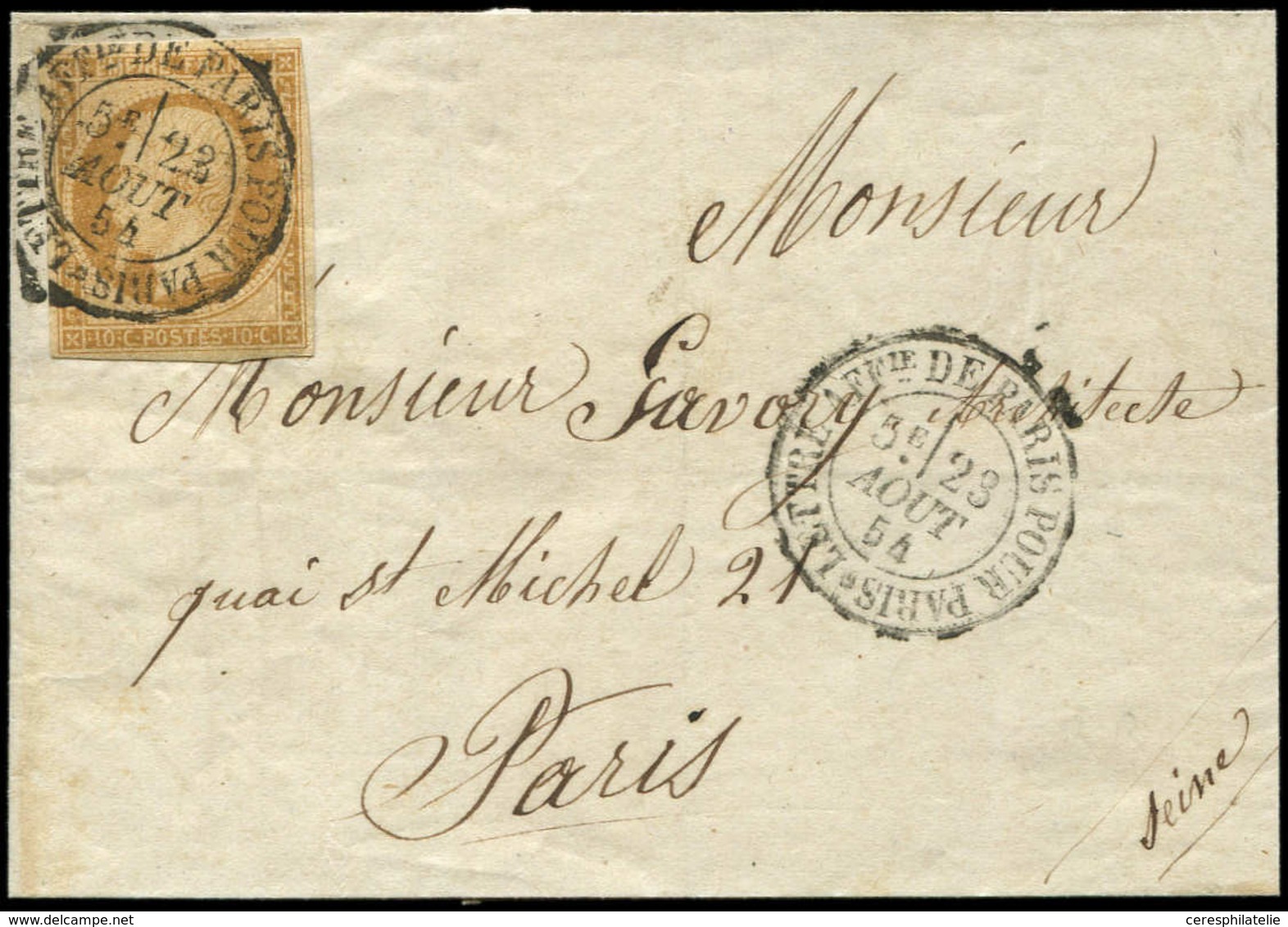 Let EMPIRE NON DENTELE 13A  10c. Bistre, T I, Obl. Càd LETTRE AFFie DE PARIS POUR PARIS 23/8/54, Répété à Côté, TTB - 1853-1860 Napoleone III