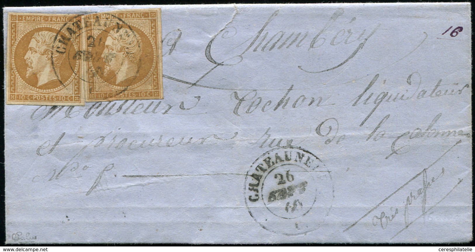 Let EMPIRE NON DENTELE 13A  10c. Bistre, 2 Ex. Dt Un Touché, Obl. Càd Sarde CHATEAUNEUF 26/9/60 S. LAC, Au Verso Càd St  - 1853-1860 Napoleone III