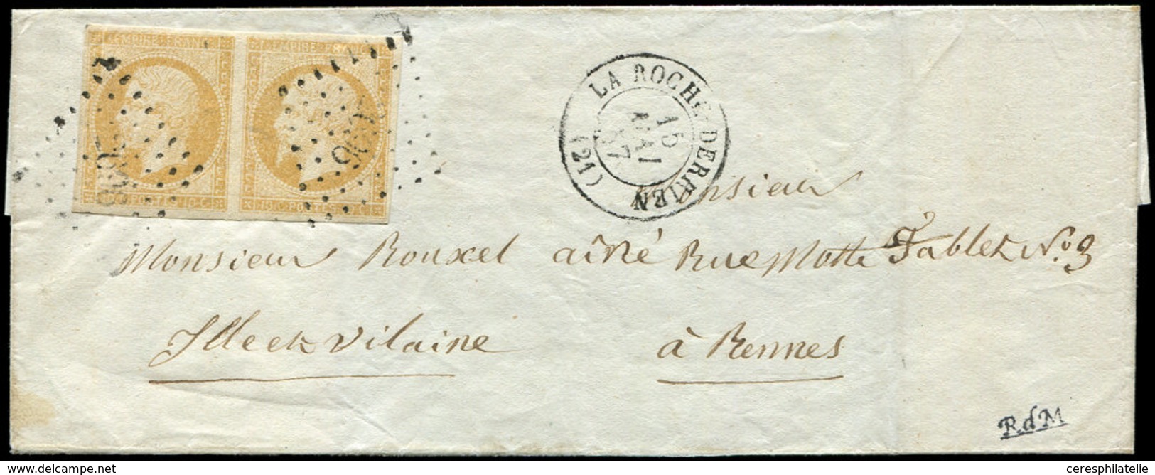 Let EMPIRE NON DENTELE 13Aa 10c. Jaune Citron, T I, PAIRE Obl. 2696 S. LSC, Càd T15 LA ROCHE-DERRIEN 15/5/57, TTB - 1853-1860 Napoleone III