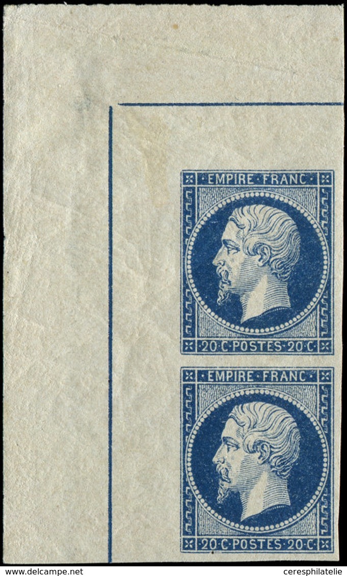 ** EMPIRE NON DENTELE L14Ai 20c. Bleu Foncé, PAIRE COIN De Feuille Avec FILET D'ENCADREMENT, Une Ch. Hors Timbre Dans Le - 1853-1860 Napoleon III