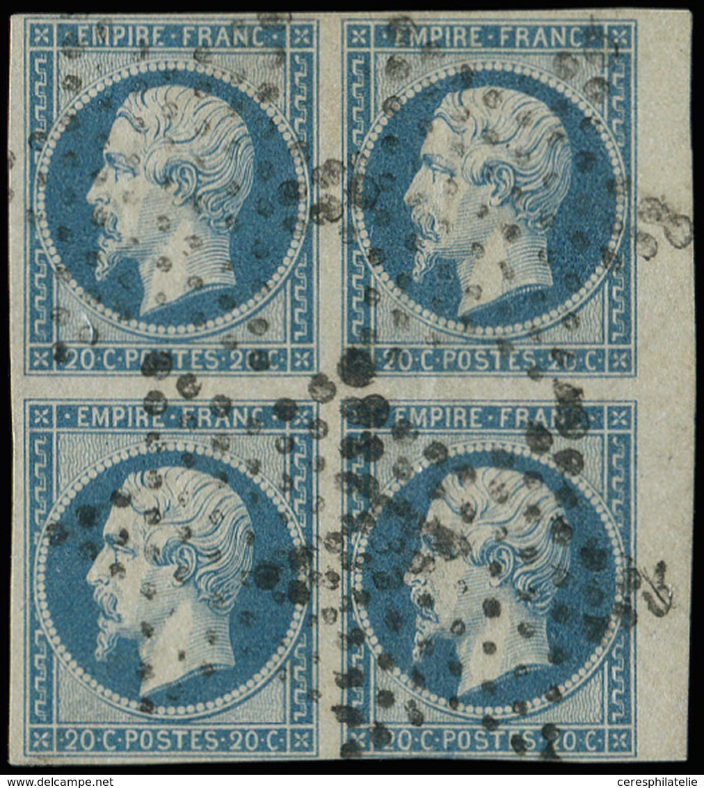 EMPIRE NON DENTELE 14A  20c. Bleu, T I, BLOC De 4 Petit Bdf, Obl. Etoile, Marge Fine En Un Point, Sinon TTB - 1853-1860 Napoléon III.