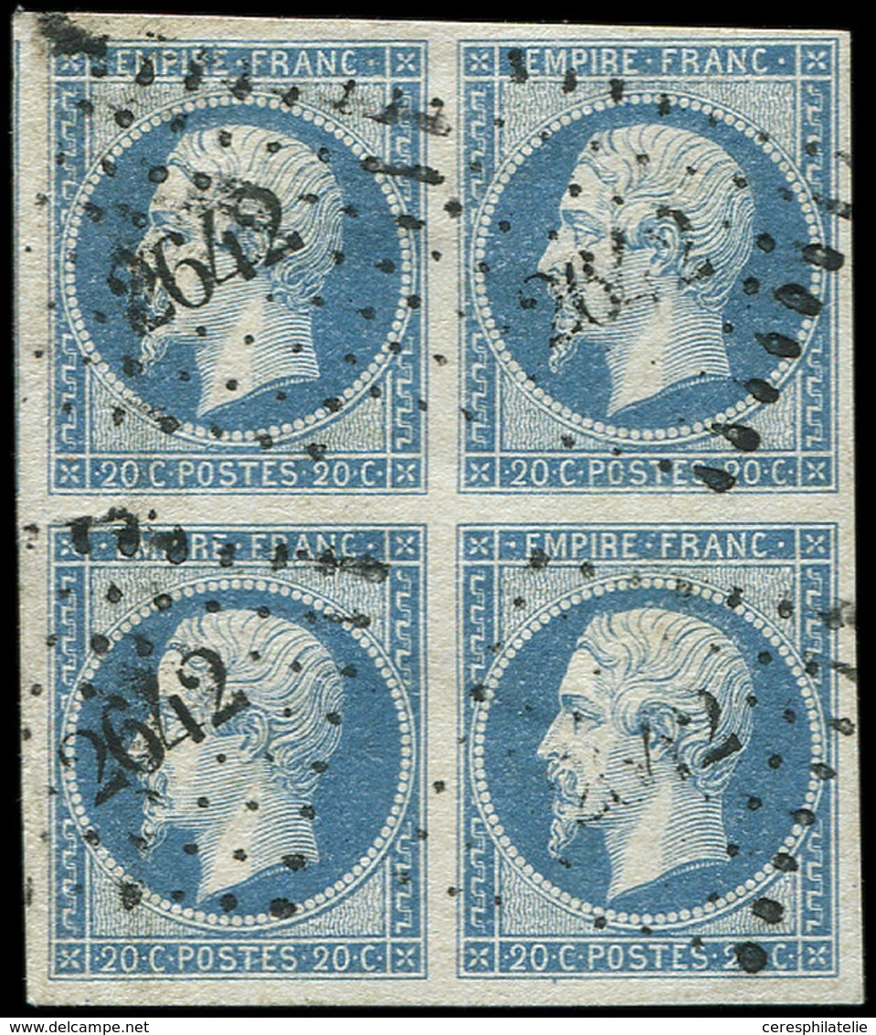 EMPIRE NON DENTELE 14Af 20c. Bleu Laiteux, T I, BLOC De 4 Obl. PC 2642 De REIMS, TB - 1853-1860 Napoleone III