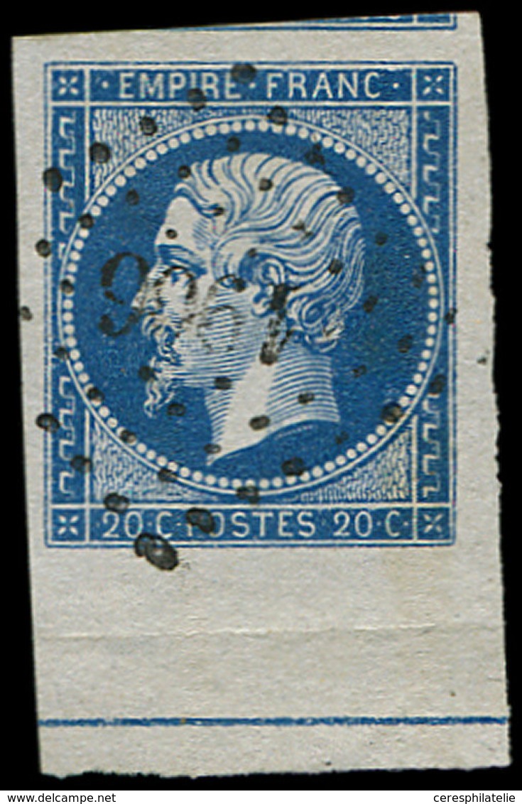EMPIRE NON DENTELE L14Ai 20c. Bleu, T I, Bdf Avec FILET D'ENCADREMENT, Obl. PC, Voisin En Haut, Superbe - 1853-1860 Napoleon III