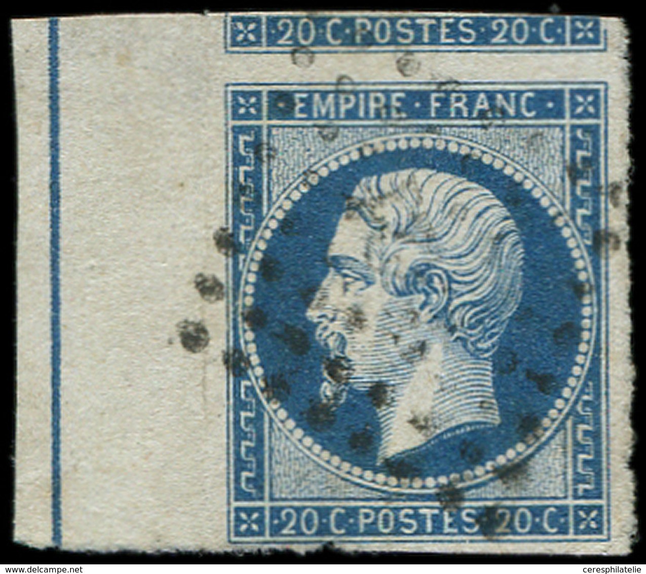 EMPIRE NON DENTELE L14Ai 20c. Bleu, Bdf Avec FILET D'ENCADREMENT, Obl. PC, Filet Coupé En Un Point, Sinon TB - 1853-1860 Napoleone III