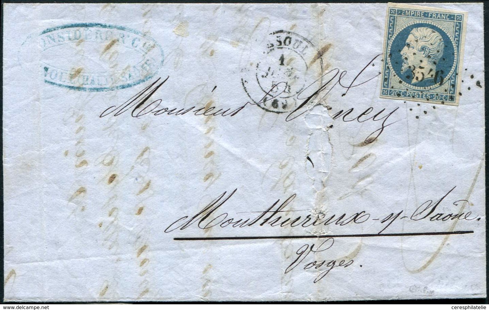 Let EMPIRE NON DENTELE 14A  20c. Bleu, Obl. PC 3546 S. LAC, Càd T15 VESOUL 1 JUIL 54 1er JOUR Du Nouveau TARIF, TB. C - 1853-1860 Napoleon III