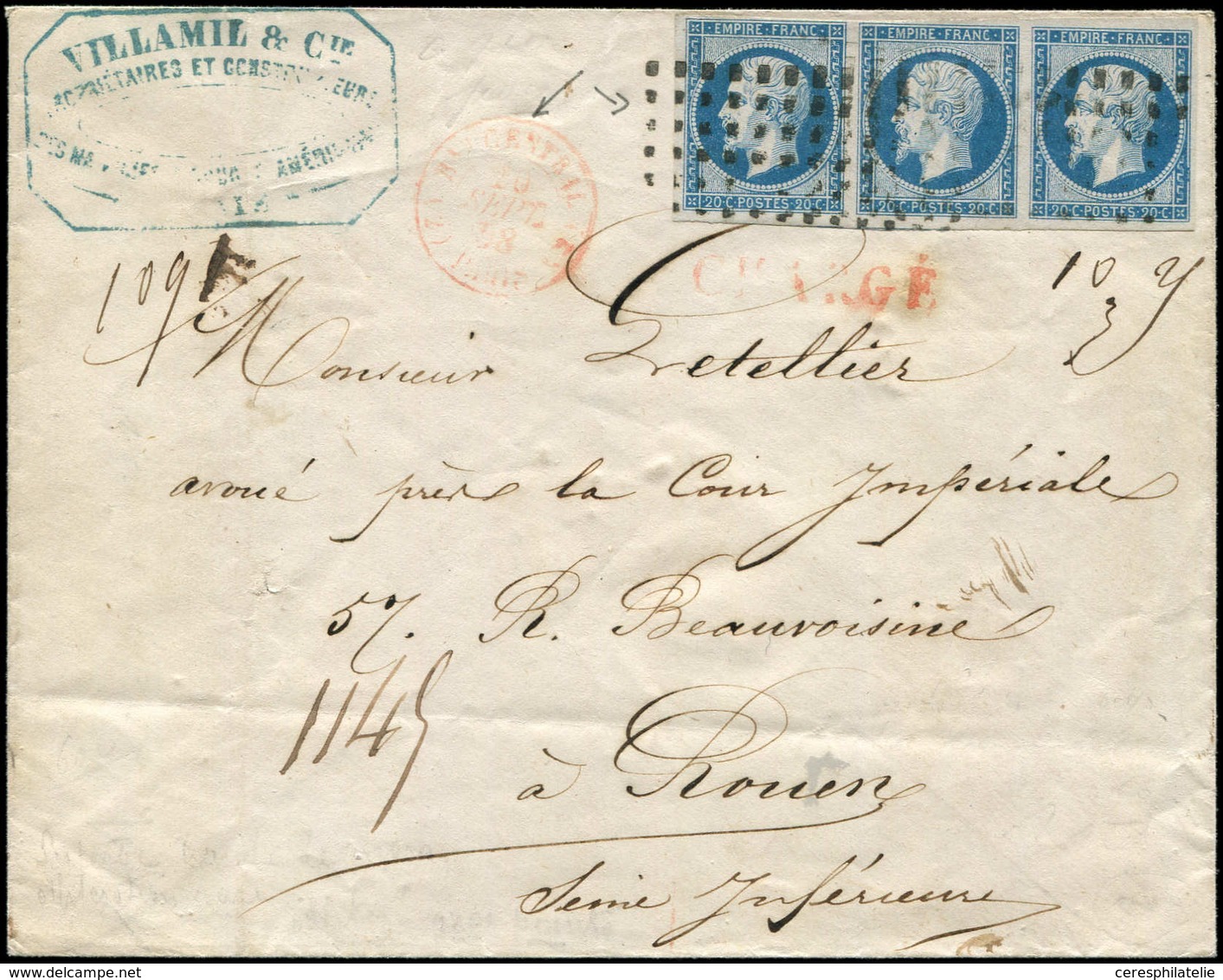 Let EMPIRE NON DENTELE 14A  20c. Bleu, T I, BANDE De 3 Obl. GROS POINTS S. Env. CHARGE, Càd Rouge BUREAU CENTRAL 20/9/58 - 1853-1860 Napoléon III.