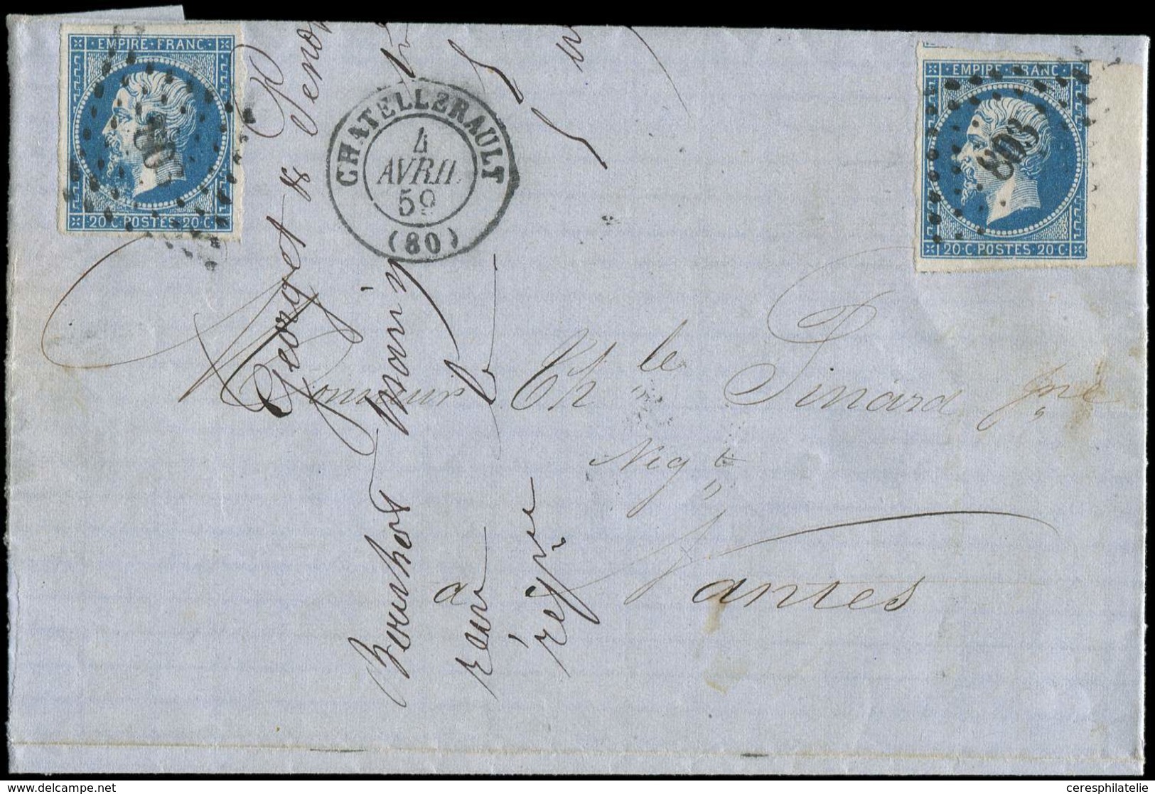 Let EMPIRE NON DENTELE 14A  20c. Bleu, T I (2), Obl. PC 803 S. LAC, Càd T15 CHATELLERAULT 4/4/59, L'un Des 2 Timbres Est - 1853-1860 Napoleon III