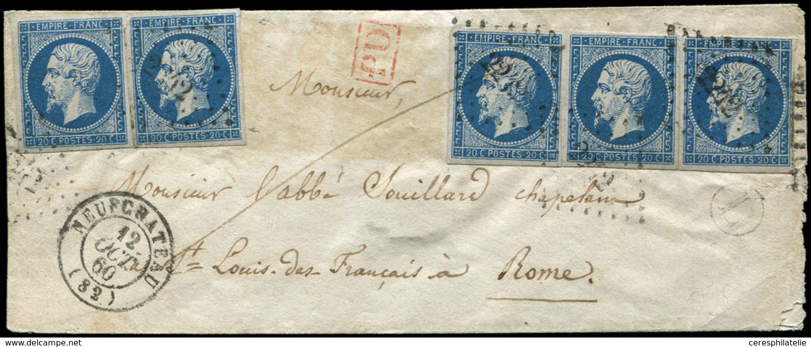 Let EMPIRE NON DENTELE 14A  20c. Bleu PAIRE + BANDE De 3 Obl. PC 2242 S. Env., Càd T15 NEUFCHATEAU 12/10/60 Et Boite L,  - 1853-1860 Napoleon III