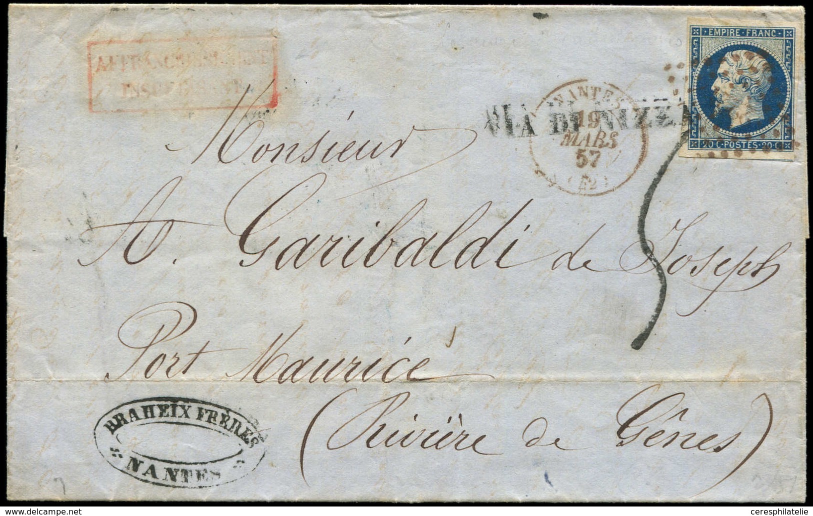 Let EMPIRE NON DENTELE 14Aa 20c. Bleu Foncé Obl. PC 2221 S. LAC, Càd T15 NANTES 19/3/57, Le Tout En ROUGE, Taxe 5 Pour L - 1853-1860 Napoleon III