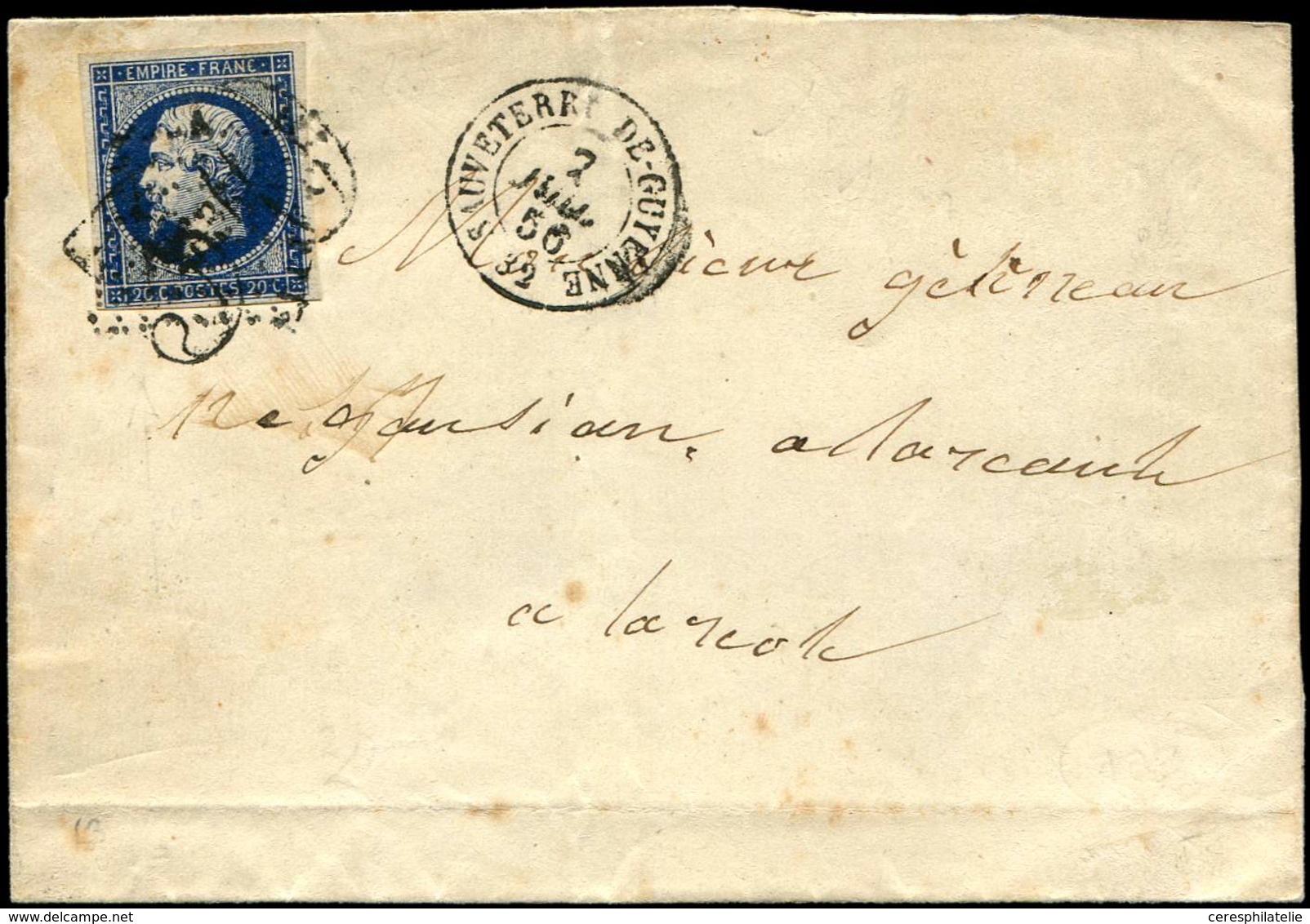 Let EMPIRE NON DENTELE 14Aa 20c. Bleu Foncé, Obl. PC 2835 Et Taxe 30 Au Tampon S. LSC, Càd T15 SAUVETERRE De GUYENNE 2/7 - 1853-1860 Napoleon III