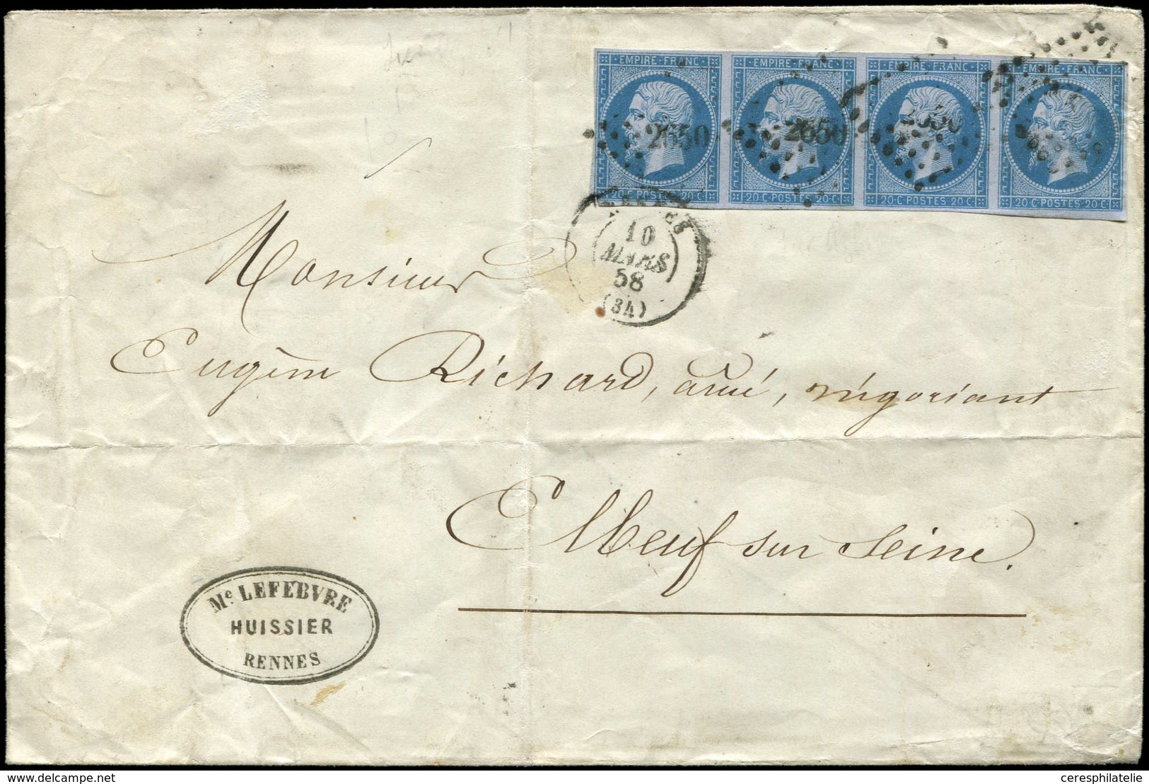 Let EMPIRE NON DENTELE 14Ae 20c. Bleu Sur Lilas T I, BANDE De 4 (1er T. P.d.) Obl. PC 2650 S. Env., Càd T15 RENNES 10/3/ - 1853-1860 Napoleon III