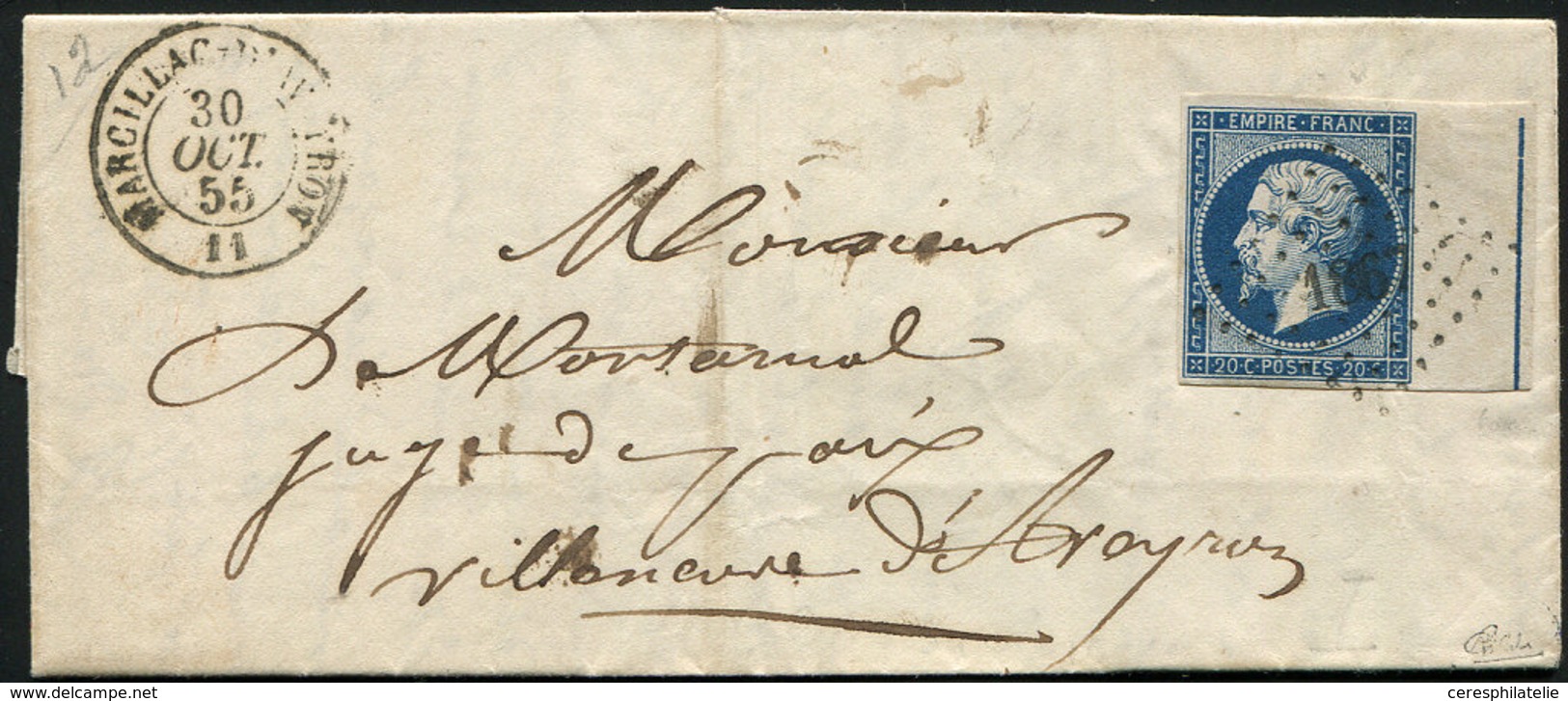 Let EMPIRE NON DENTELE L14Ai 20c. Bleu Foncé, Bdf Avec FILET D'ENCADREMENT, Obl. PC 1867 S. LAC, Càd T15 MARCILLAC D'AVE - 1853-1860 Napoleone III