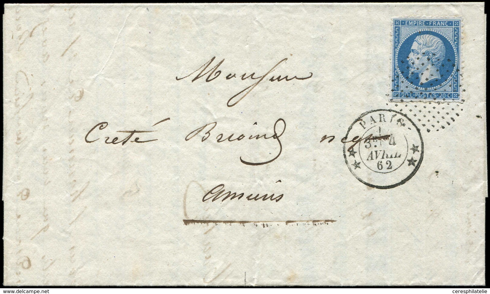 Let EMPIRE NON DENTELE 14B  20c. Bleu, T II, PERCE En LIGNES, Obl. Cercle De Points S. LAC, Càd ** PARIS ** 4/4/62, TTB - 1853-1860 Napoleon III