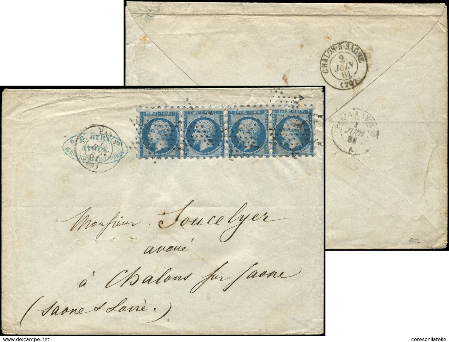 Let EMPIRE NON DENTELE 14B  20c. Bleu, T II, BANDE De 4 PIQUAGE SUSSE, Obl. Etoile S. Env., Càd PARIS 1/6/61, TB - 1853-1860 Napoleon III