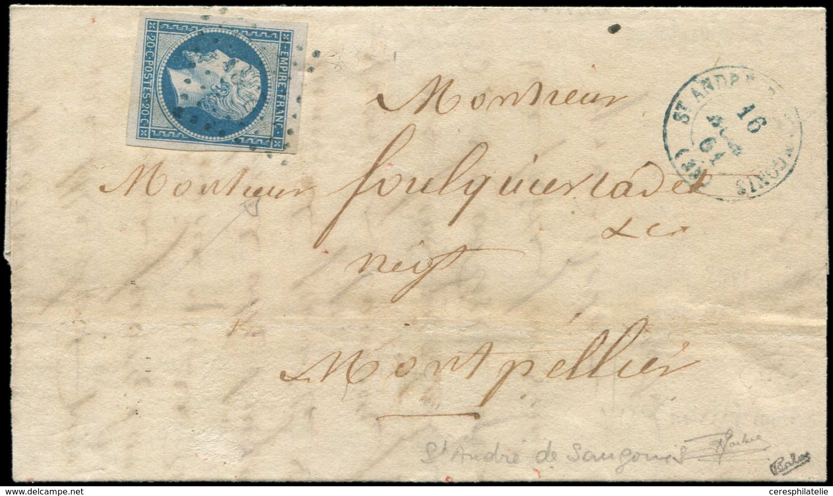 Let EMPIRE NON DENTELE 14B  20c. Bleu, T II, Obl. PC 2981 S. LAC, Càd T15 St ANDRE-DE-SANGONIS 16/11/61, Le Tout En BLEU - 1853-1860 Napoleone III