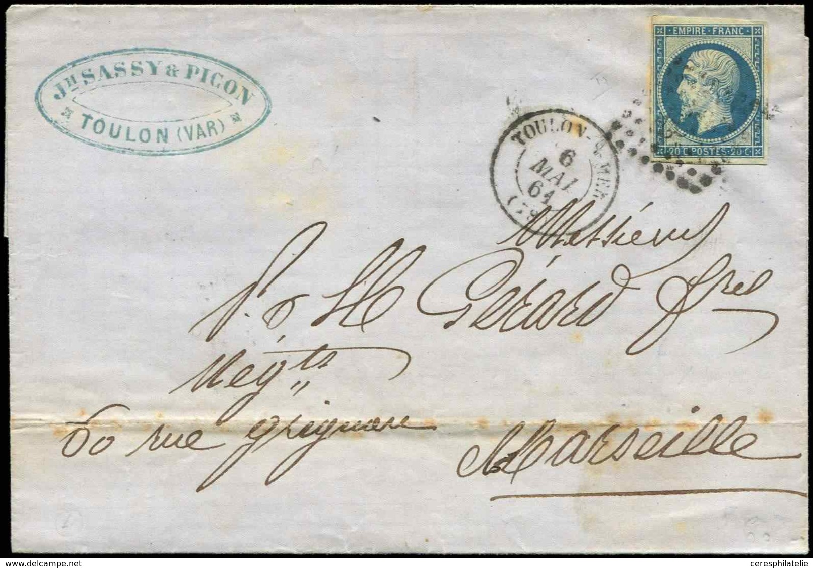 Let EMPIRE NON DENTELE 14Ba 20c. Bleu Sur VERT, T II, Obl. PC 3382 S. LSC, Càd T15 TOULON S. MER 6/5/61, TB - 1853-1860 Napoleon III