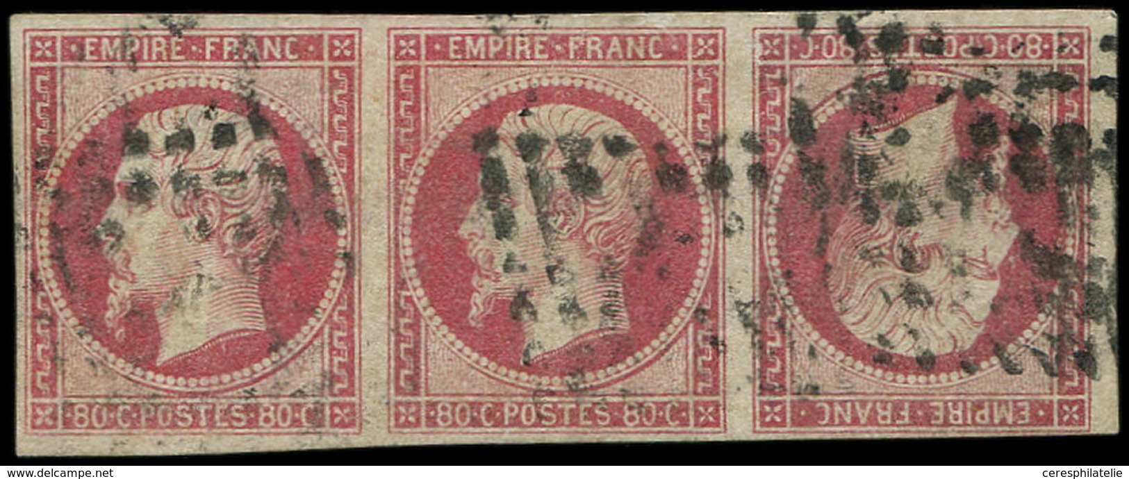 Let EMPIRE NON DENTELE T17Bc 80c. Rose, TETE BECHE Dans Une BANDE De 3, Obl., RR Et TB - 1853-1860 Napoleon III