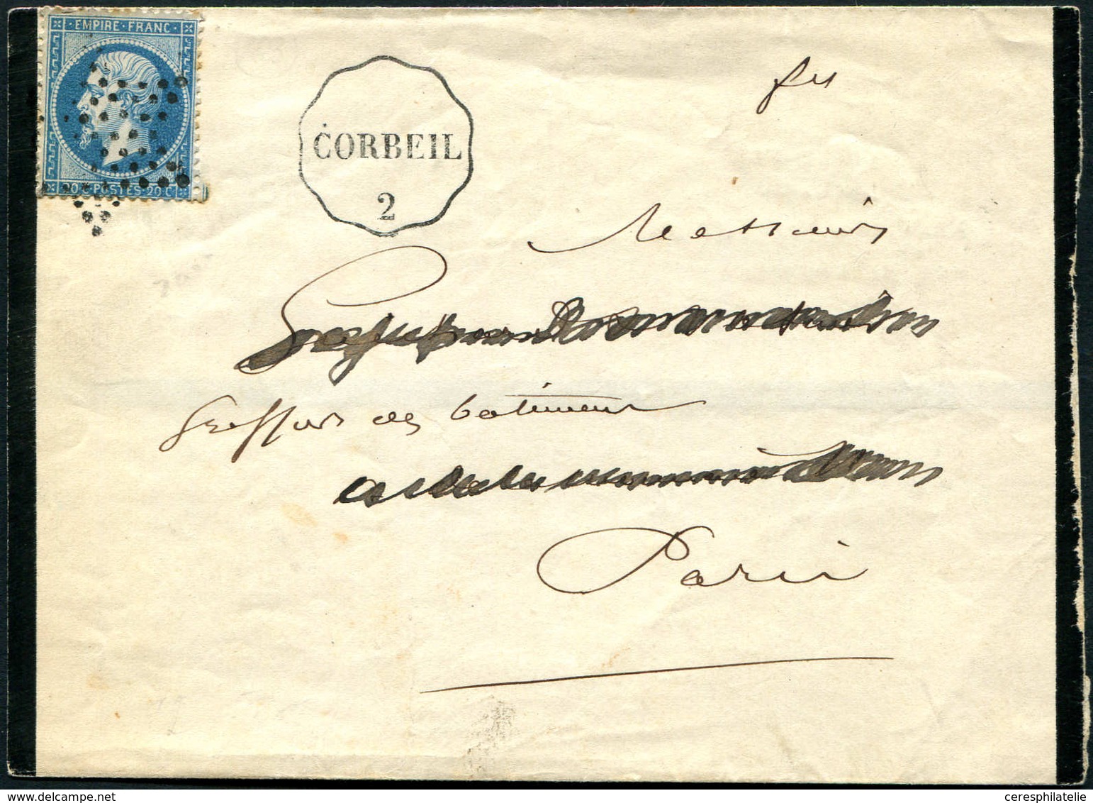 Let EMPIRE DENTELE 22   20c. Bleu, Obl. Etoile S. LSC, Cachet D'Essai Conv. CORBEIL 2, Arr. PARIS 18/3/66, TB, Cote Cérè - 1862 Napoleon III