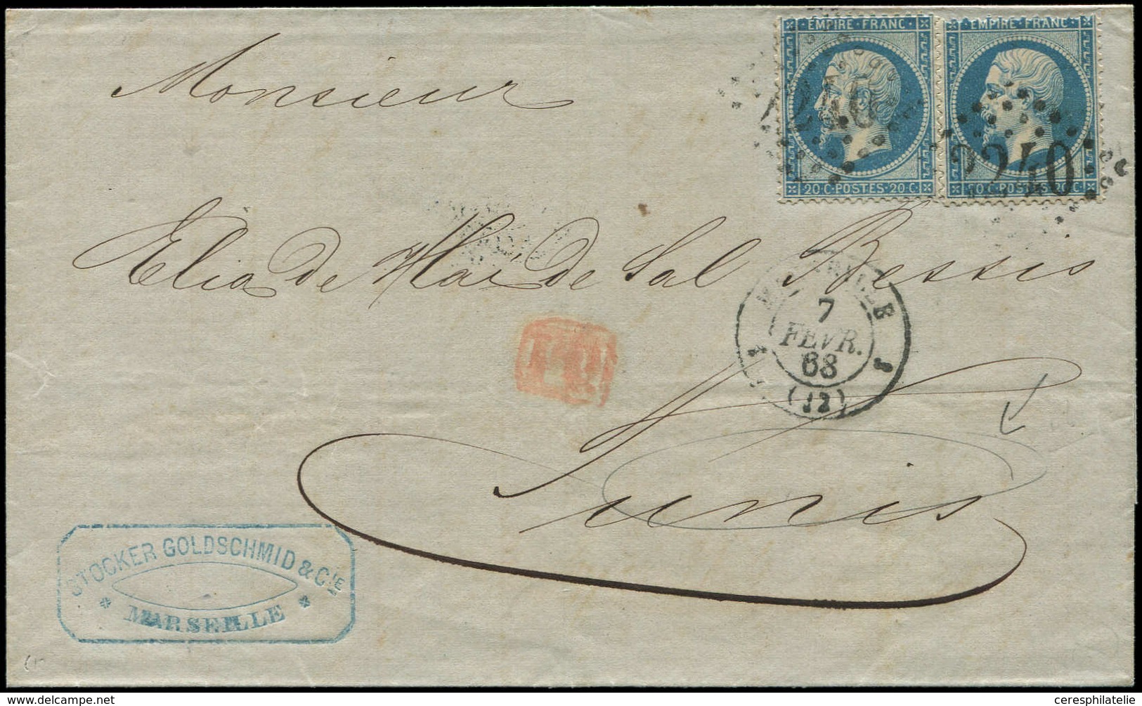 Let EMPIRE DENTELE 22   20c. Bleu (2), Obl. GC 2240 S. LAC, Càd MARSEILLE 7/2/68, Arr. TUNIS 13/2, TB - 1862 Napoleon III