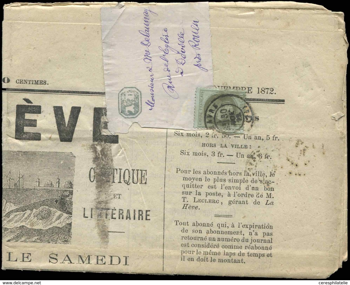 Let EMPIRE LAURE 25    1c. Bronze, Obl. Càd LE HAVRE 30/11/72 S. Journal Entier LA HEVE, Tarif RR, TB - 1863-1870 Napoleon III With Laurels