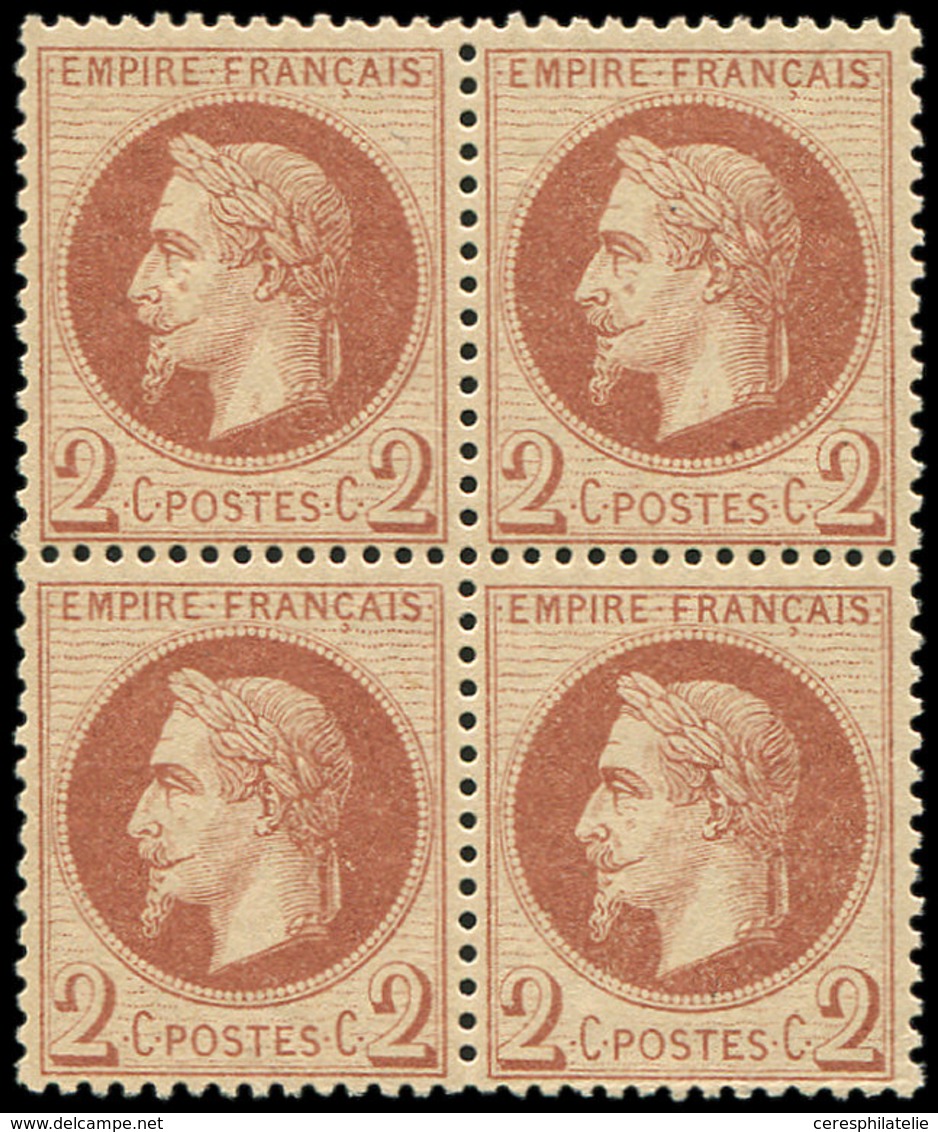 ** EMPIRE LAURE 26B   2c. Rouge-brun Clair, T II, BLOC De 4 Très Bien Centré, TTB - 1863-1870 Napoleon III With Laurels