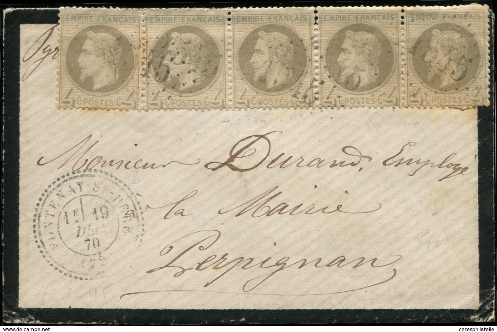 Let EMPIRE LAURE 27A   4c. Gris, T I, BANDE De 4 + 1 Ex., Obl. GC 1545 S. Env., Càd T24 FONTENAY St PERE 19/12/70 Zone O - 1863-1870 Napoleon III With Laurels