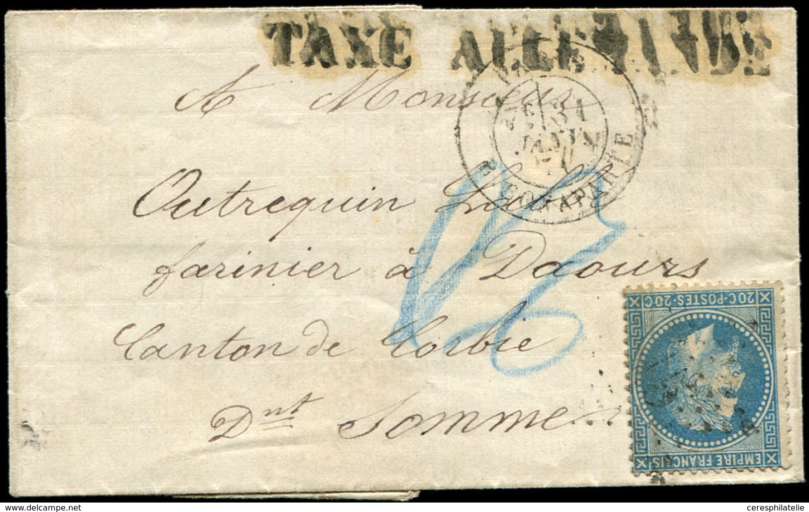 Let EMPIRE LAURE 29B  20c. Bleu Obl. Etoile 15 S. LSC, Càd R. Bonaparte 31/1/71, TAXE ALLEMANDE Et Taxe 20 Au Crayon Ble - 1863-1870 Napoleon III With Laurels