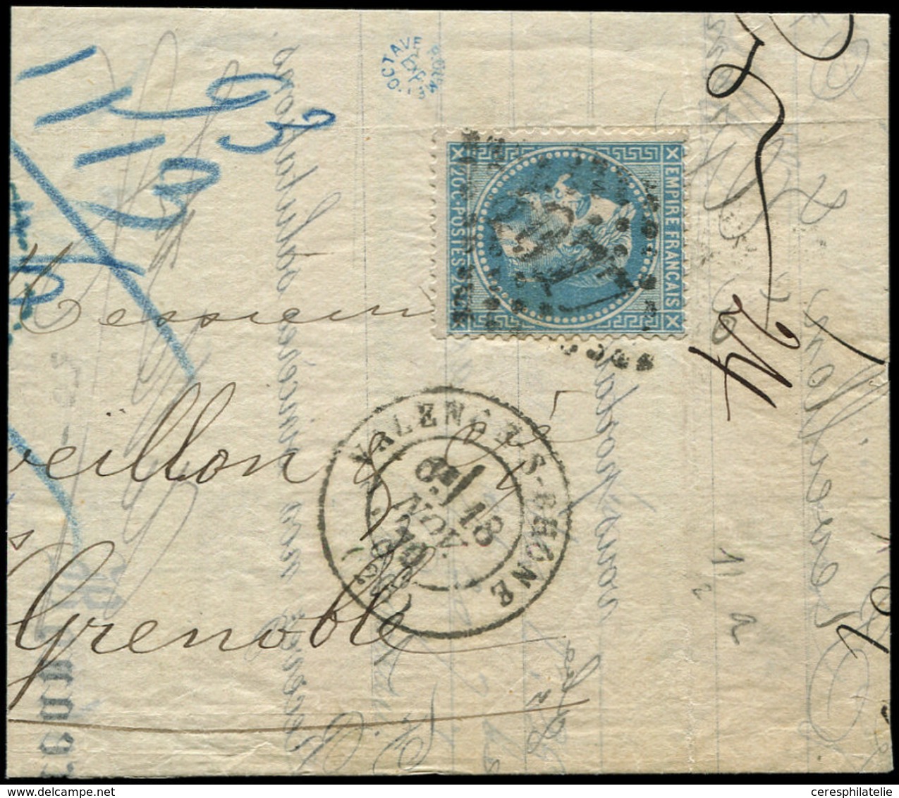 Let EMPIRE LAURE 29Bb 20c. Bleu, T II, "A LA CORNE" Obl. GC 4077 S. LAC, Càd T17 VALENCE-S-RHONE 16/11/70, TB - 1863-1870 Napoleon III With Laurels