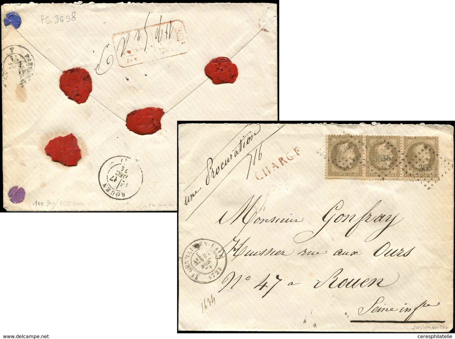 Let EMPIRE LAURE 30   30c. Brun, BANDE De 3 Obl. PC Du GC 3638 S. Env. CHARGE, Càd T17 ST GERMAIN En LAYE 12/71, TTB - 1863-1870 Napoleon III With Laurels