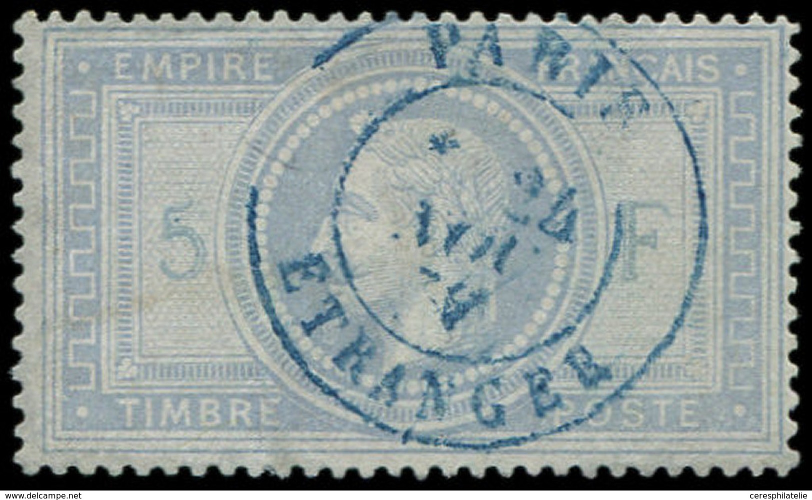 EMPIRE LAURE 33    5f. Violet-gris, Obl. Càd Bleu PARIS/ETRANGER 24/11/7( ), Restauré, Aspect TB - 1863-1870 Napoleon III With Laurels