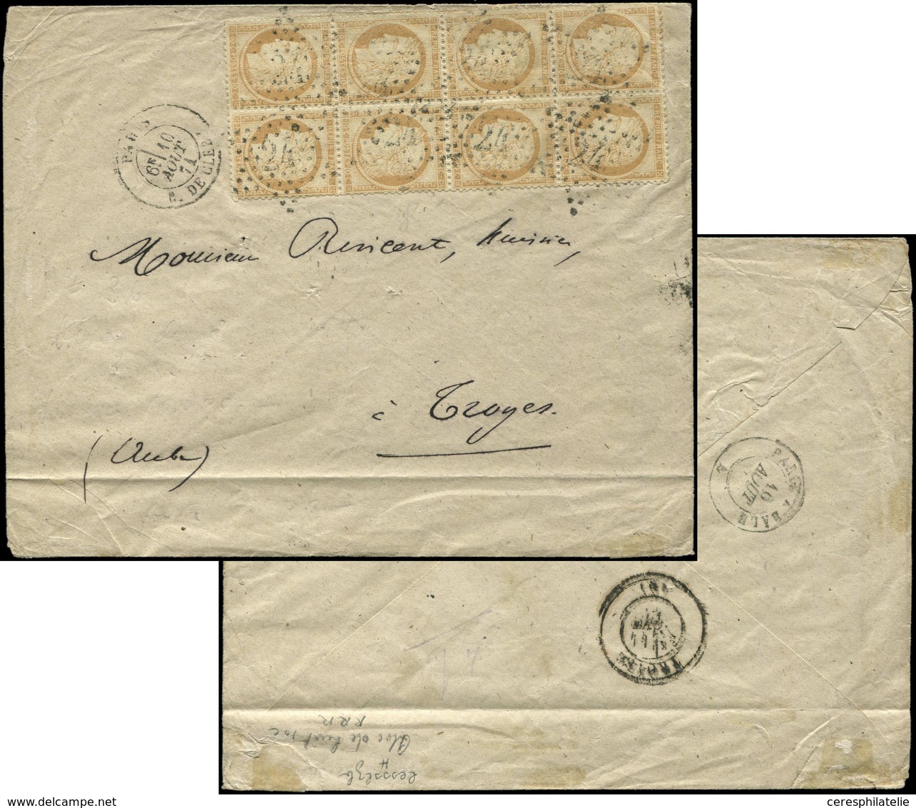 Let SIEGE DE PARIS 36   10c. Bistre-jaune, BLOC De 8 Obl. Etoile 24 S. Env., Càd R. De Cléry 10/8/71, RR Ainsi, TB - 1870 Siege Of Paris