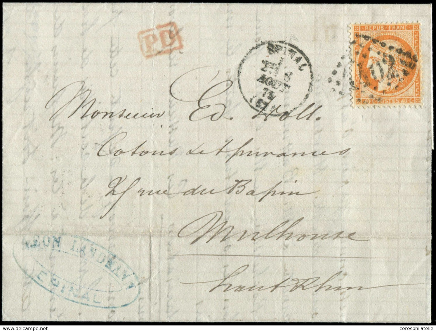 Let SIEGE DE PARIS 38d  40c. Orange, 4 RETOUCHES, Obl. GC 1402 S. LAC, Càd T16 EPINAL, TB - 1870 Assedio Di Parigi