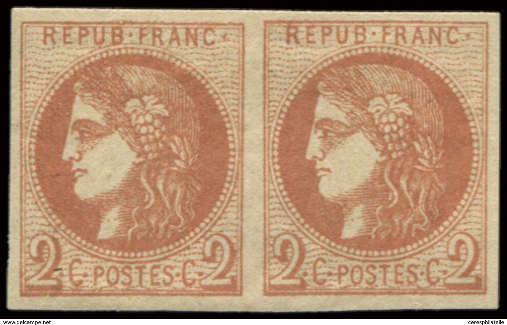 * EMISSION DE BORDEAUX 40B   2c. Brun-rouge, R II, PAIRE, TB, Certif. JF Brun - 1870 Bordeaux Printing